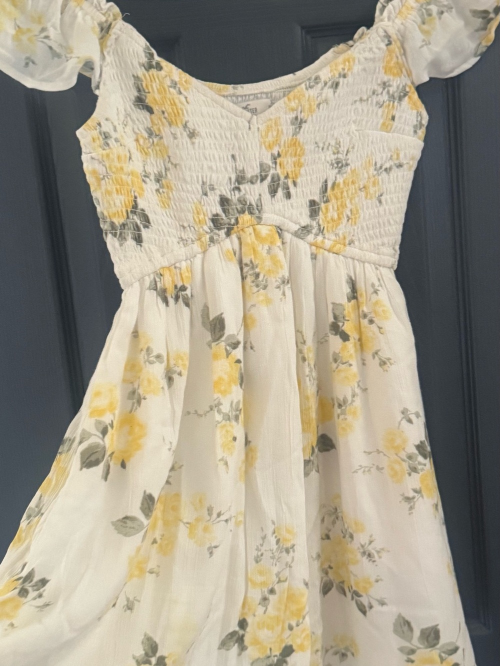Hollister Cream Dress with Yellow Floral Print and Gray Leaves
